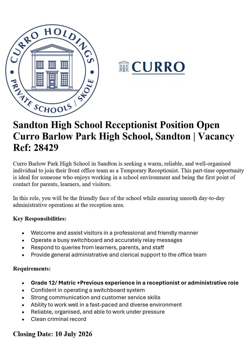 tumelo_br's tweet photo. 📌CURRO is hiring!

✅Receptionists

📍Sandton 

Est Salary: R9,000 - R15,000 p/m 

Minimum Requirements:
- Grade 12/ Matric only! 
- Computer literate 
- Receptionist or admin experience 

Closing Date: 
10 July 2026

Apply ASAP: https://t.co/g3TcTKOlOR https://t.co/Zub7gx5WDa