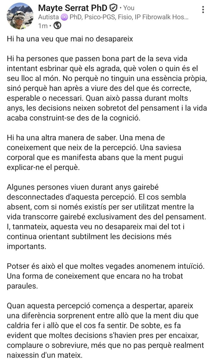 mayteserrat's tweet photo. Hi ha una veu que mai no desapareix

Quan s'apren a viure des del que és esperable pels demés la vida es construiex des de la cognició.

Però hi ha una altra coneixement que neix de la percepció i on no cal pensar millor qui s'és, sinó a començar a sentir-ho.

Seguim!! 💜🫂♾️ https://t.co/ytcjKQrDZF