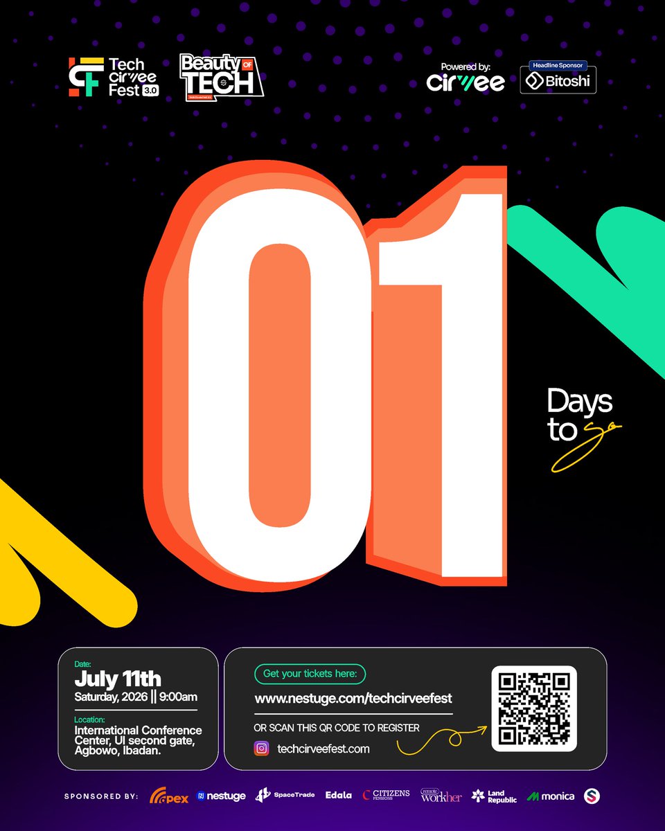 techcirveefest's tweet photo. 1 DAY TO GO! 🥳

Tomorrow, we make history.

If you’re attending, this is your sign to get ready. If you’re still thinking about it… don’t miss out.

See you tomorrow, Ibadan! 💜

#Techcirveefest #beautyoftech #tcf3 #tcf https://t.co/LuyDS2lIzj