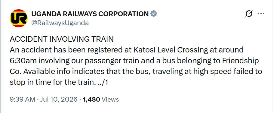 amronaldo's tweet photo. Road Safety at Level Rail Crosssings

When I was seconded to URC from the Ministry of Works and Transport between March 2022 and March 2023, I saw firsthand how level‑crossing safety is handled. Safety Management was hapzard or non existent in some areas. Unfortunately when I raise these and other welfare concerns of the real technical people that keep the company limping on, a Minister accused me of trying to be "popular" with the workers and he did not send me back. It is still something I do not understand to date. Be popular for what?

The statement on X statement does not answer the most basic safety questions. Despite the fact that the URC Act (Cap 331) clearly grants trains right of way under Section 41(5) but it still places a duty on URC to ensure safety at level crossings under Section 41(2). That responsibility is not taken serious.

The statement issued today falls short of demonstrating that even the minimum safety measures were in place before the crash. These are not complicated requirements:

1. Boom Barriers:
Were automated boom barriers, high‑intensity LED lights, or audible alarms installed? We discussed these interventions extensively, yet they remain absent at most crossings.

2. Visibility and signage: 
Were there clearly visible, reflective signs placed 200m, 100m, and 50m before the crossing? Were stop lines and “RAILWAY CROSSING” markings present? Were retroreflective posts installed to guide motorists in darkness?

3. Train Warning Signals:
Was the whistle, horn, or hooter sounded? These signals are extremely loud and impossible for any attentive motorist to ignore, unless they were non‑functional or not used.

4. Flagging by URC Police:
Flagging down vehicles at 6:30 a.m. is not a credible safety measure. The flags are not reflective, visibility is poor, and one officer cannot manage that entire section of the crossing (as the video shows). Motorists respond to Traffic Police because they understand their authority; most do not even recognise URC Police.

5. It is perplexing how such a road has no traffic.
measures while approaching a clear hazardous area. Did UNRA not envision this?

As a country, we have normalised road crashes as an unavoidable risk instead of treating them as preventable events. We cannot defend that a URC Police officer with a non‑reflective flag is an adequate substitute for engineered protections. We cannot continue ignoring global best practice while citizens die at predictable, preventable points of failure. The potential impact of this crash is scary.