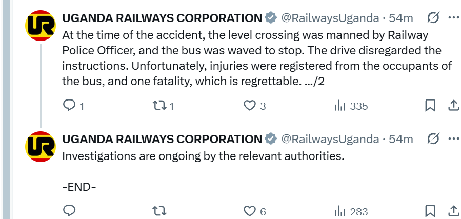 amronaldo's tweet photo. Road Safety at Level Rail Crosssings

When I was seconded to URC from the Ministry of Works and Transport between March 2022 and March 2023, I saw firsthand how level‑crossing safety is handled. Safety Management was hapzard or non existent in some areas. Unfortunately when I raise these and other welfare concerns of the real technical people that keep the company limping on, a Minister accused me of trying to be "popular" with the workers and he did not send me back. It is still something I do not understand to date. Be popular for what?

The statement on X statement does not answer the most basic safety questions. Despite the fact that the URC Act (Cap 331) clearly grants trains right of way under Section 41(5) but it still places a duty on URC to ensure safety at level crossings under Section 41(2). That responsibility is not taken serious.

The statement issued today falls short of demonstrating that even the minimum safety measures were in place before the crash. These are not complicated requirements:

1. Boom Barriers:
Were automated boom barriers, high‑intensity LED lights, or audible alarms installed? We discussed these interventions extensively, yet they remain absent at most crossings.

2. Visibility and signage: 
Were there clearly visible, reflective signs placed 200m, 100m, and 50m before the crossing? Were stop lines and “RAILWAY CROSSING” markings present? Were retroreflective posts installed to guide motorists in darkness?

3. Train Warning Signals:
Was the whistle, horn, or hooter sounded? These signals are extremely loud and impossible for any attentive motorist to ignore, unless they were non‑functional or not used.

4. Flagging by URC Police:
Flagging down vehicles at 6:30 a.m. is not a credible safety measure. The flags are not reflective, visibility is poor, and one officer cannot manage that entire section of the crossing (as the video shows). Motorists respond to Traffic Police because they understand their authority; most do not even recognise URC Police.

5. It is perplexing how such a road has no traffic.
measures while approaching a clear hazardous area. Did UNRA not envision this?

As a country, we have normalised road crashes as an unavoidable risk instead of treating them as preventable events. We cannot defend that a URC Police officer with a non‑reflective flag is an adequate substitute for engineered protections. We cannot continue ignoring global best practice while citizens die at predictable, preventable points of failure. The potential impact of this crash is scary.