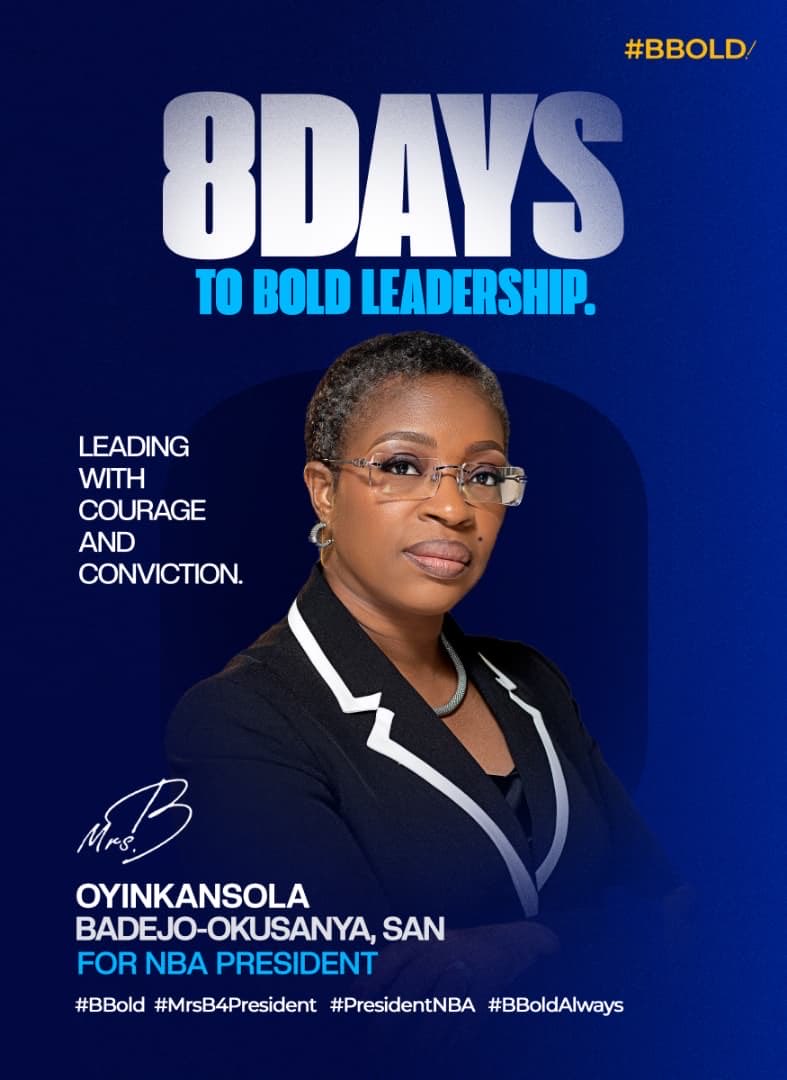 MrsBBold's tweet photo. 8 DAYS TO BOLD LEADERSHIP.

I will not promise what I cannot deliver. I will work overtime to deliver what I promise.

The future of our Bar deserves leadership rooted in honesty, competence, and accountability not empty promises. Every commitment I have made is backed by a clear plan and a determination to deliver meaningful results for every lawyer.

On 18 July, vote Oyinkansola Badejo-Okusanya, SAN, FCIArb (UK), for President of the Nigerian Bar Association. Together, let us build A BOLDER BAR THAT WORKS FOR EVERYONE.

#BBOLD