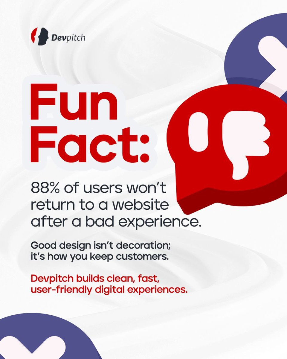 DevpitchCo's tweet photo. 88% of users won’t return to a website after a bad experience.

Slow load times, confusing layouts, or clunky interfaces will cost you users instantly.

At Devpitch, we build clean, fast, user-friendly digital experiences that keep people coming back.

#UIUXDesign #WebDesign https://t.co/fKXvCqgdcK