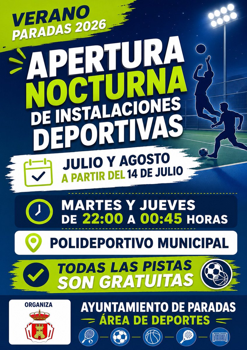 Aytoparadas's tweet photo. 🌛 APERTURA NOCTURNA DE LAS INSTALACIONES DEPORTIVAS
🏐 Desde el 14 de julio, todos los martes y jueves de julio y agosto, las instalaciones deportivas están abiertas en horario de 22.00 a 00.45 horas.
✅️ Todas las pistas son gratuitas.
#DeporteNocturno #Paradas https://t.co/7SoTkqGb64