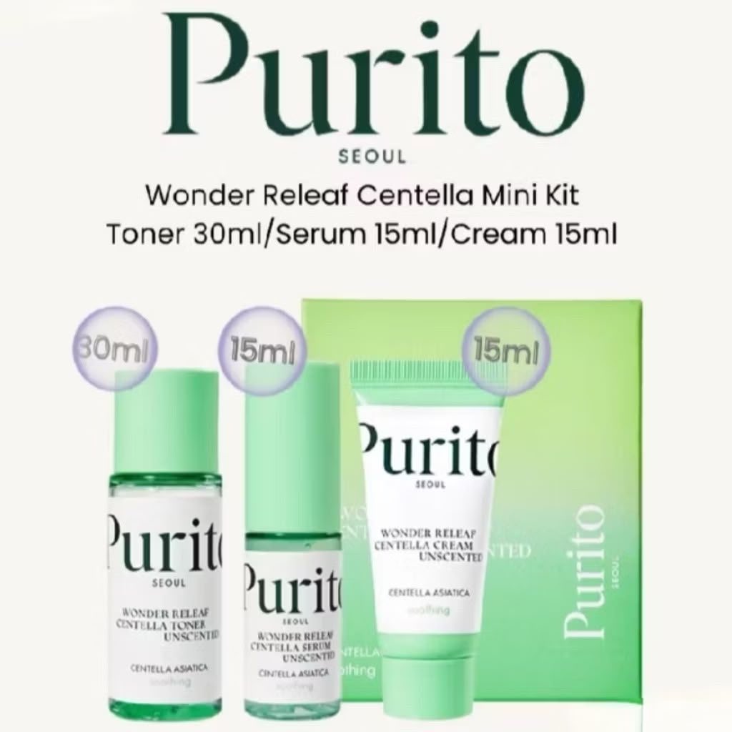 zulfaaaaenef's tweet photo. WTS PURITO Wonder Releaf Centella Mini Kit Unscented 60ml | Kit Perawatan Kulit Sensitif | Travel Friendly 110k bisa shopee new segel exp 2028 https://t.co/bz9P3UGIVt