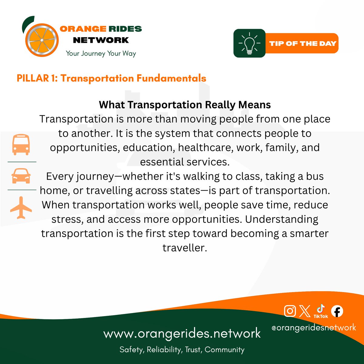 Orange_Rides's tweet photo. Transportation is more than movement—it's what connects people to school, work, business, healthcare and family every day.

Today's Transportation Academy lessons explore what transportation really means and why it matters.
#OrangeRidesNetwork #ORNSound #TravelSmart #TransportEdu https://t.co/MfVjQyGdOX