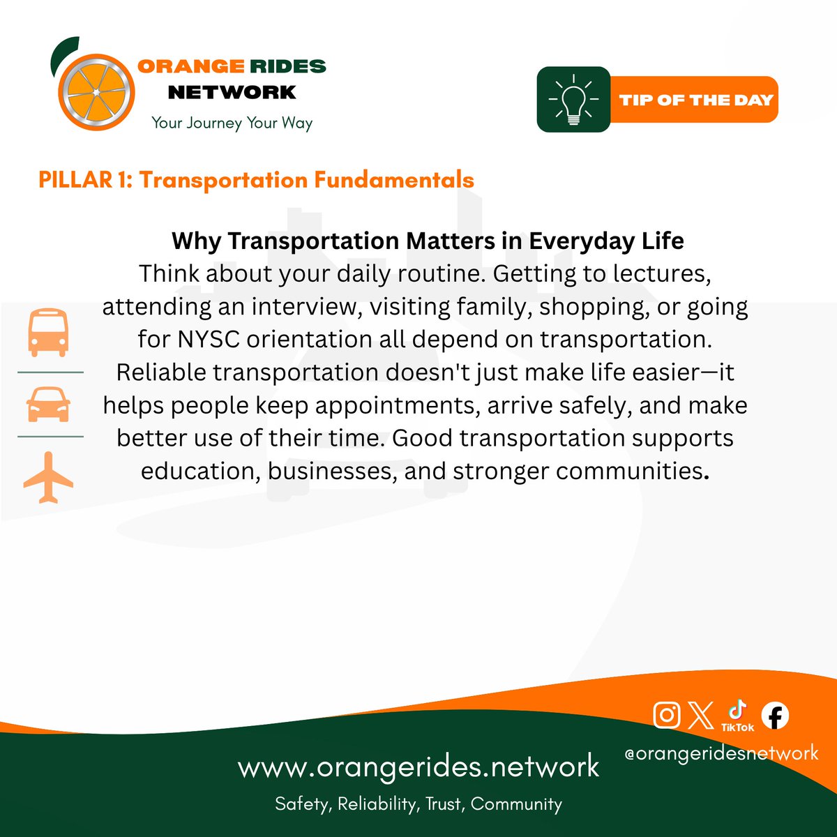 Orange_Rides's tweet photo. Transportation is more than movement—it's what connects people to school, work, business, healthcare and family every day.

Today's Transportation Academy lessons explore what transportation really means and why it matters.
#OrangeRidesNetwork #ORNSound #TravelSmart #TransportEdu https://t.co/MfVjQyGdOX