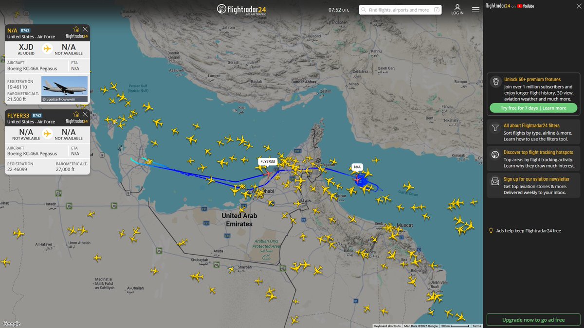 AIYeyENGDdJkjTr's tweet photo. July 10, 2026
#Al-Udeid Air Base ==> #Gulf of Oman
#NoCALLSIGN #AED555 USAF KC-46A Pegasus
#Al-Udeid Air Base ==>
#FLYER33 #AE63CF USAF KC-46A Pegasus
#Prince Sultan Air Base ==> #Musandam Peninsula
#NoCALLSIGN #AE0156 USAF KC-135R Stratotanker
#Prince Sultan Air Base ==>
#NoCALLSIGN #AE0241 USAF KC-135R Stratotanker
#NoCALLSIGN #AE059B USAF KC-135R Stratotanker
#Ben Gurion ==>
#NoCALLSIGN #AE0629 USAF KC-135R Stratotanker