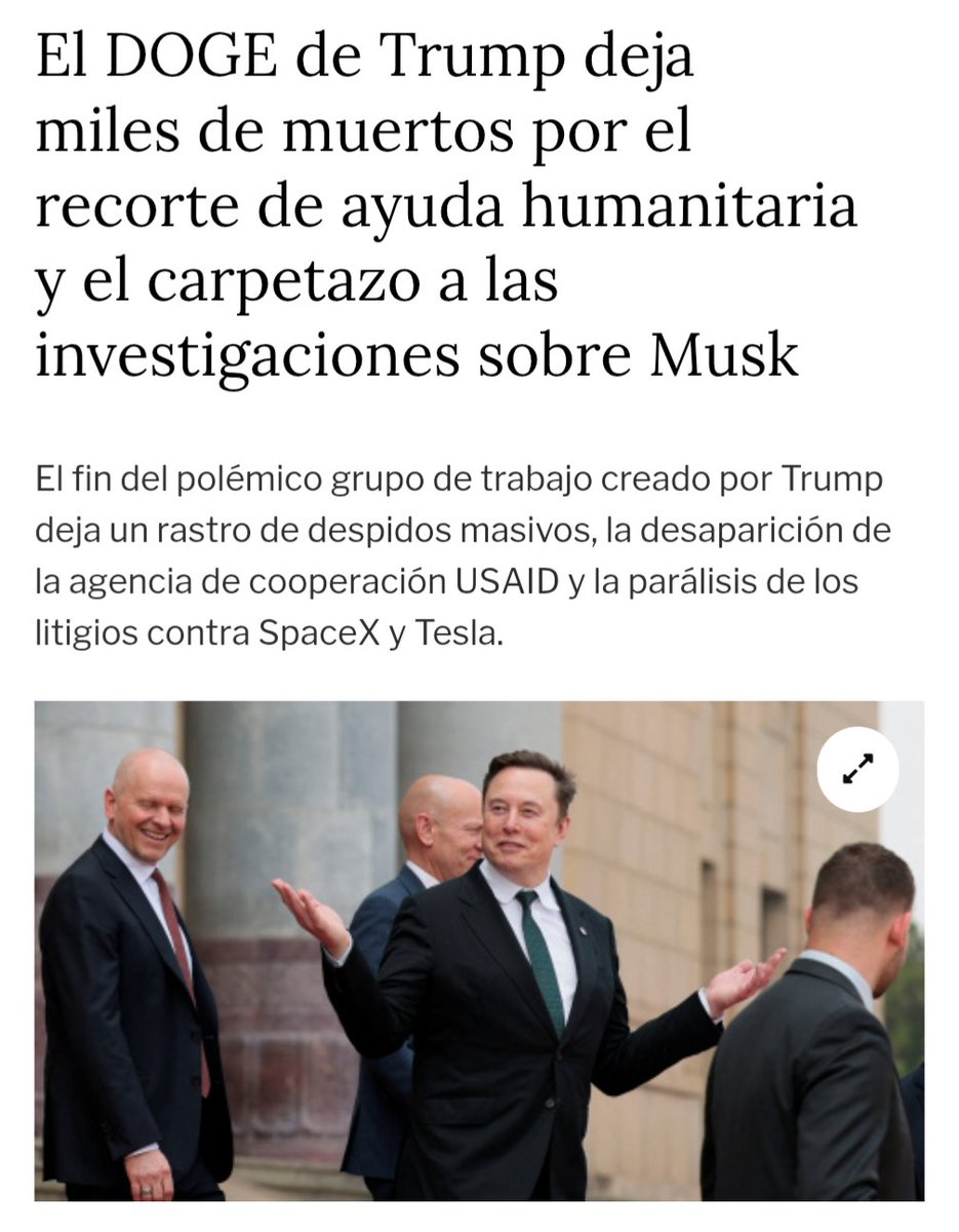 EnriqueSantiago's tweet photo. ❌ Disuelta la oficina de desregulación de Musk.

¿Resultado? Centenares de despidos de funcionarios, desmantelamiento de agencias que investigaban sus empresas y la muerte de cientos de miles de personas, niñas/os incluidos.

Pero él se ha ahorrado 2.370 millones de dólares...🤑 https://t.co/hM0Lpg2Gmt