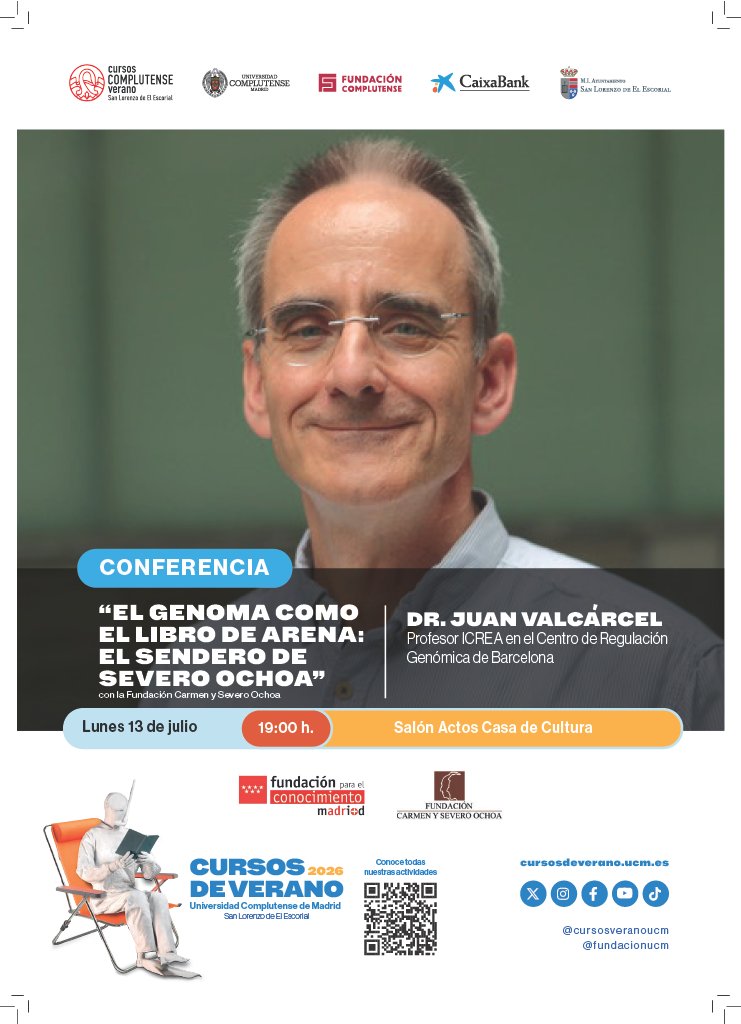 madrimasd's tweet photo. 🎓 El próximo 13 de julio, el Dr. Juan Valcárcel nos guiará por el fascinante universo de la genómica y el legado científico de Severo Ochoa, una figura clave para entender la biología moderna.  

📍 Salón de Actos de la Casa de Cultura, San Lorenzo de El Escorial. 
🕖 19:00 h https://t.co/V8I17FS8Ve
