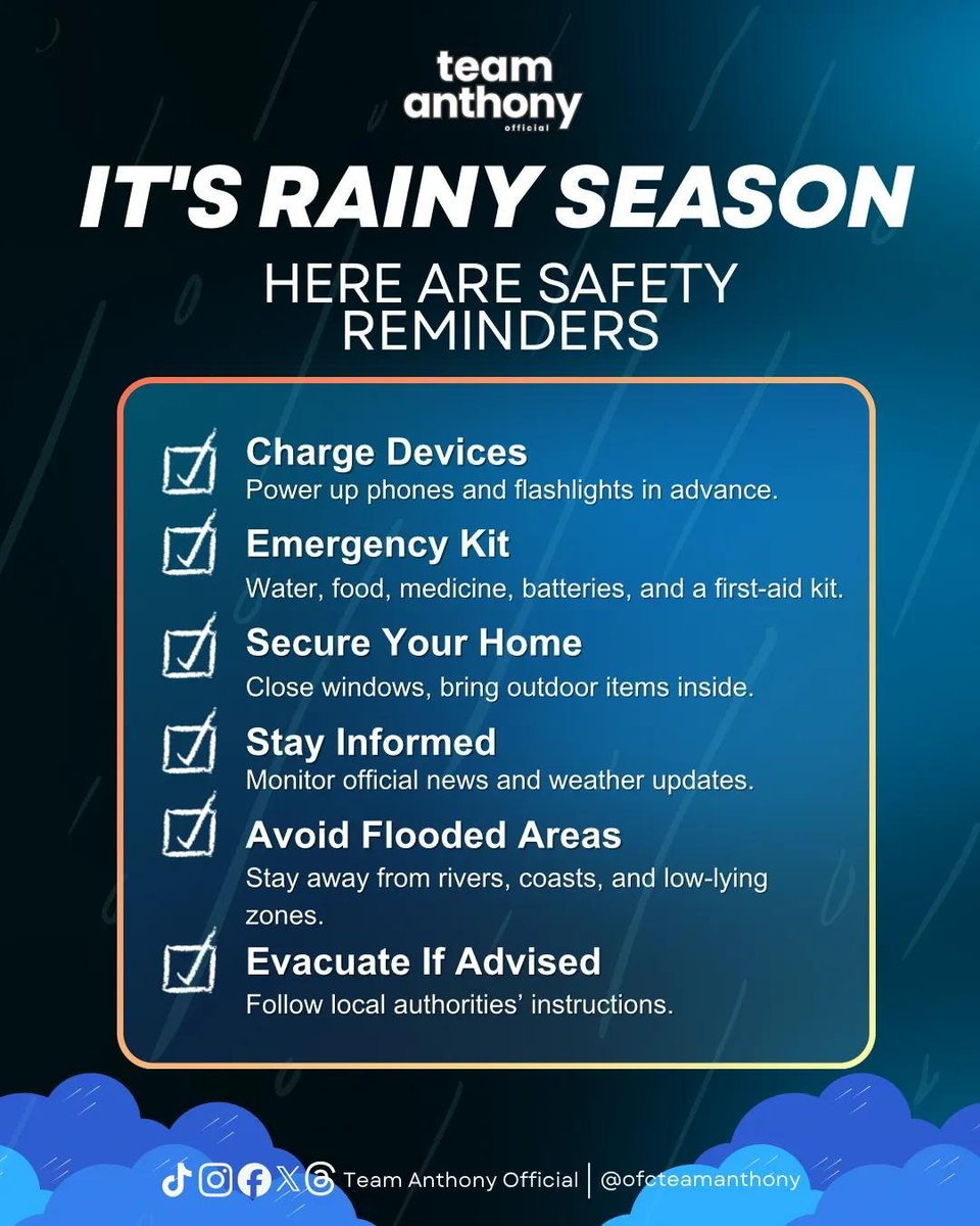 ofcteamanthony's tweet photo. Heavy rains can bring flooding, power outages, and other unexpected emergencies. A little preparation today can make a big difference tomorrow. 

Take care of yourself, your family, and your community. Stay safe, everyone! ☔

 #AnthonyConstantino #TeamAnthonyOfficial https://t.co/lBUIhA9G2t
