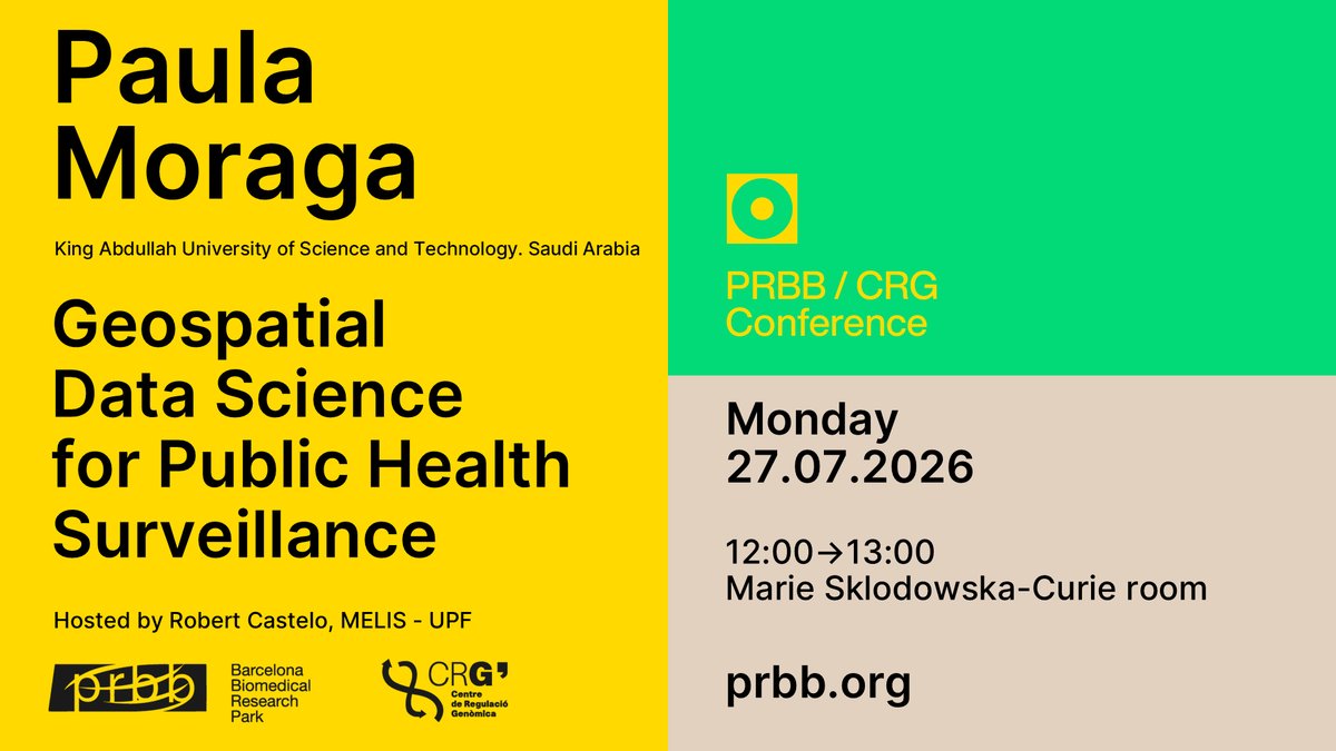 the_prbb's tweet photo. 📣 New PRBB-CRG conference

📋 Geospatial Data Science for Public Health Surveillance
🗣️ Paula Moraga - @KAUST_News

📆 July 27 - ⏰ 12:00
hosted by: @robertclab - @UPFbiomed 
 
📍 #PRBB Maria Skłodowska-Curie room https://t.co/NGxtwYak0c