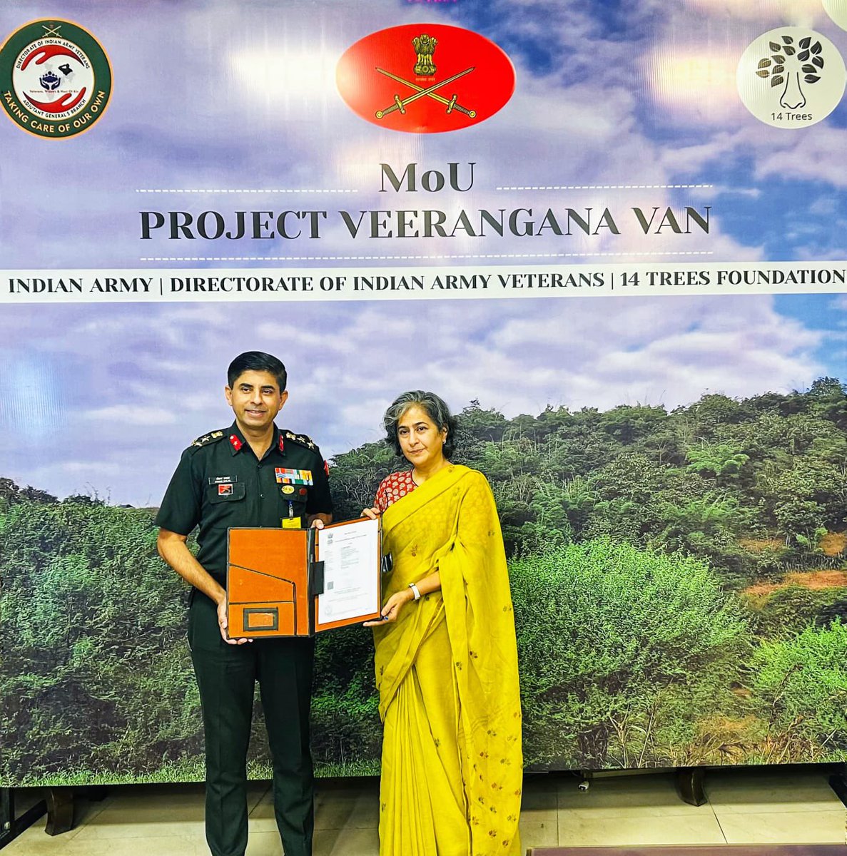 DIAV20's tweet photo. 🇮🇳🌳 Project Veerangana Van: Where Valour Takes Roots 🌳🇮🇳

The Directorate of Indian Army Veterans (@DIAV20 ), in partnership with 14 Trees Foundation, has launched Project #VeeranganaVan — a unique initiative where #VeerNaris and #WarWidows honour their brave-hearts by planting 🌱 living memorials.

🌳 Every tree symbolises #Courage #Sacrifice #Resilience #EternalRemembrance, ensuring that the legacy of our heroes continues to flourish for generations.

🤝 DIAV remains steadfast in its commitment to Recognising, Supporting and Empowering #VeerNaris, reaffirming that the #IndianArmy stands shoulder-to-shoulder with the families of its fallen heroes.

🌿 14 Trees Foundation, led by Pravin Bhagwat and represented by Dr. Shubha Tripathi, Project Head – #Veerangana Van, brings its expertise in community-driven afforestation and environmental stewardship to this meaningful endeavour.

💚 Together, DIAV and 14 Trees Foundation are planting more than trees—they are nurturing remembrance, resilience and hope.

🇮🇳 A tribute that grows… A legacy that lives forever.

#ProjectVeeranganaVan 
#VeerNari 
#IndianArmy 
#NeverForgotten 
#LivingMemorials 
#NationFirst 
#HarPedShaurya 
#GreenLegacy 
#Remembrance 
#EnvironmentalStewardshipx

@adgpi 
@OfficialAwwa