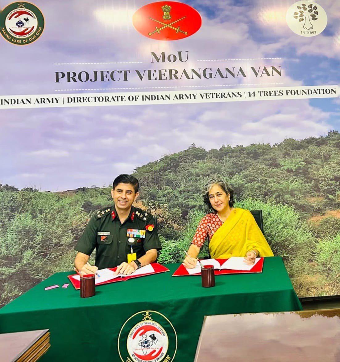 DIAV20's tweet photo. 🇮🇳🌳 Project Veerangana Van: Where Valour Takes Roots 🌳🇮🇳

The Directorate of Indian Army Veterans (@DIAV20 ), in partnership with 14 Trees Foundation, has launched Project #VeeranganaVan — a unique initiative where #VeerNaris and #WarWidows honour their brave-hearts by planting 🌱 living memorials.

🌳 Every tree symbolises #Courage #Sacrifice #Resilience #EternalRemembrance, ensuring that the legacy of our heroes continues to flourish for generations.

🤝 DIAV remains steadfast in its commitment to Recognising, Supporting and Empowering #VeerNaris, reaffirming that the #IndianArmy stands shoulder-to-shoulder with the families of its fallen heroes.

🌿 14 Trees Foundation, led by Pravin Bhagwat and represented by Dr. Shubha Tripathi, Project Head – #Veerangana Van, brings its expertise in community-driven afforestation and environmental stewardship to this meaningful endeavour.

💚 Together, DIAV and 14 Trees Foundation are planting more than trees—they are nurturing remembrance, resilience and hope.

🇮🇳 A tribute that grows… A legacy that lives forever.

#ProjectVeeranganaVan 
#VeerNari 
#IndianArmy 
#NeverForgotten 
#LivingMemorials 
#NationFirst 
#HarPedShaurya 
#GreenLegacy 
#Remembrance 
#EnvironmentalStewardshipx

@adgpi 
@OfficialAwwa