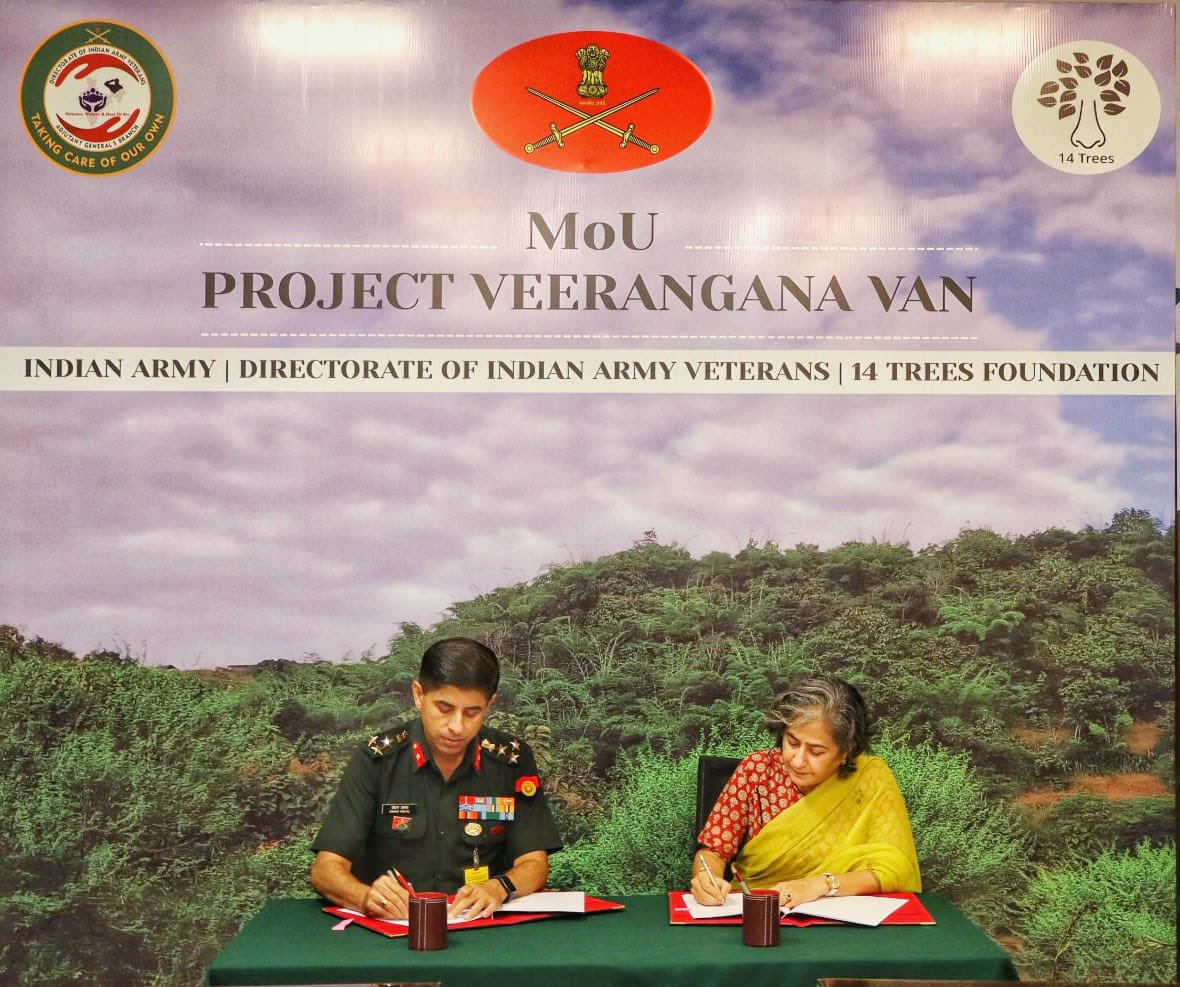 DIAV20's tweet photo. 🇮🇳🌳 Project Veerangana Van: Where Valour Takes Roots 🌳🇮🇳

The Directorate of Indian Army Veterans (@DIAV20 ), in partnership with 14 Trees Foundation, has launched Project #VeeranganaVan — a unique initiative where #VeerNaris and #WarWidows honour their brave-hearts by planting 🌱 living memorials.

🌳 Every tree symbolises #Courage #Sacrifice #Resilience #EternalRemembrance, ensuring that the legacy of our heroes continues to flourish for generations.

🤝 DIAV remains steadfast in its commitment to Recognising, Supporting and Empowering #VeerNaris, reaffirming that the #IndianArmy stands shoulder-to-shoulder with the families of its fallen heroes.

🌿 14 Trees Foundation, led by Pravin Bhagwat and represented by Dr. Shubha Tripathi, Project Head – #Veerangana Van, brings its expertise in community-driven afforestation and environmental stewardship to this meaningful endeavour.

💚 Together, DIAV and 14 Trees Foundation are planting more than trees—they are nurturing remembrance, resilience and hope.

🇮🇳 A tribute that grows… A legacy that lives forever.

#ProjectVeeranganaVan 
#VeerNari 
#IndianArmy 
#NeverForgotten 
#LivingMemorials 
#NationFirst 
#HarPedShaurya 
#GreenLegacy 
#Remembrance 
#EnvironmentalStewardshipx

@adgpi 
@OfficialAwwa