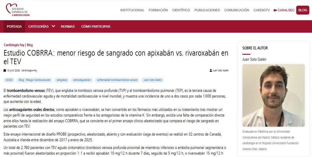 secardiologia's tweet photo. Juan Soto: "El estudio COBRRA cierra una brecha de evidencia de más de una década y refuerza el posicionamiento del apixabán como la opción preferente en el TEV agudo cuando la seguridad hemorrágica constituye la prioridad clínica". #BlogSEC @jovenesSEC https://t.co/TUCSOujofg https://t.co/UZHs8ZTsKS