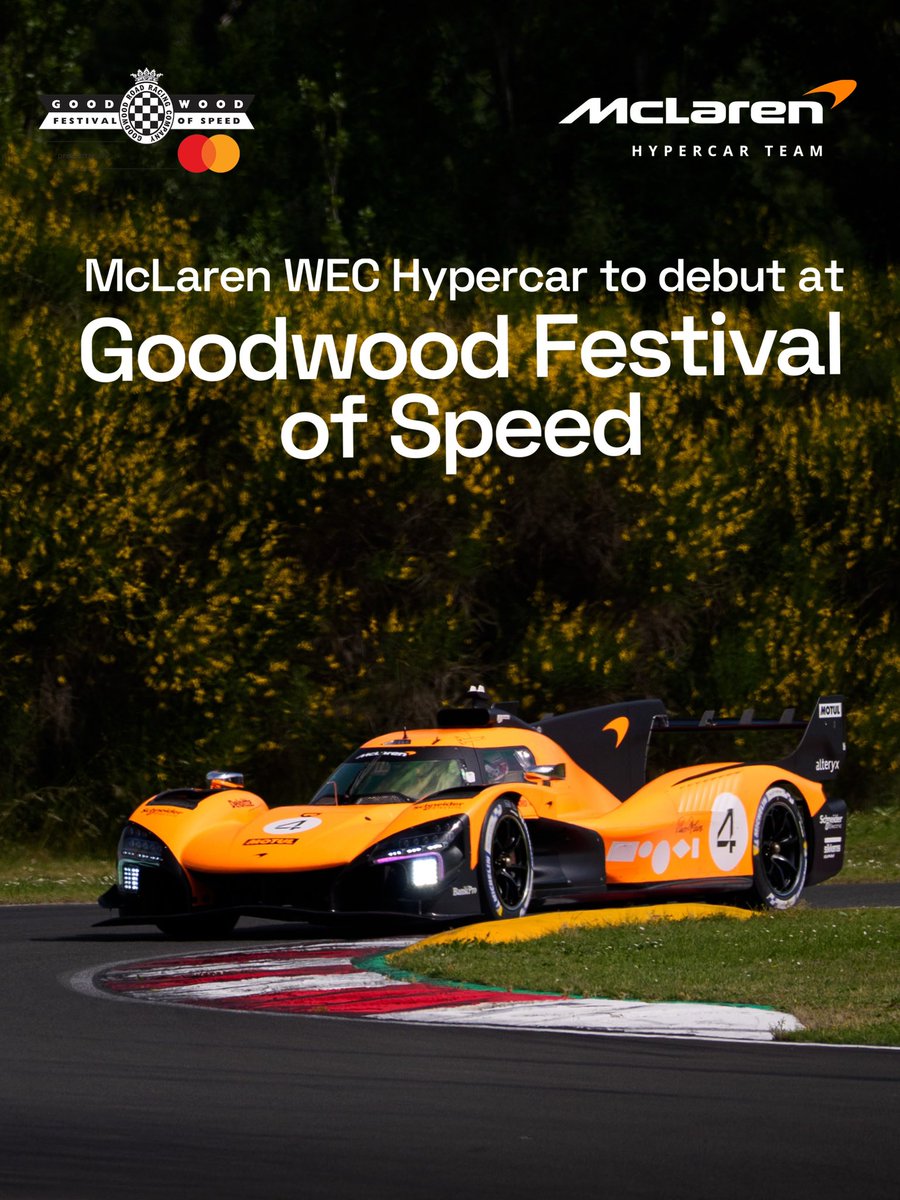 MCLEndurance's tweet photo. A world first. An iconic stage. 

McLaren Racing’s WEC Hypercar, the MCL-HY, will make its global public debut at Goodwood Festival of Speed. 

The new for 2027 Hypercar has been diverted from its rigorous testing schedule for one mission: tackling the legendary hill for motorsport’s most passion fans. 

Run times:
Friday – 11:00 and 15:40
Saturday – 12:40 and 17:05

Will we see you there? 🧡