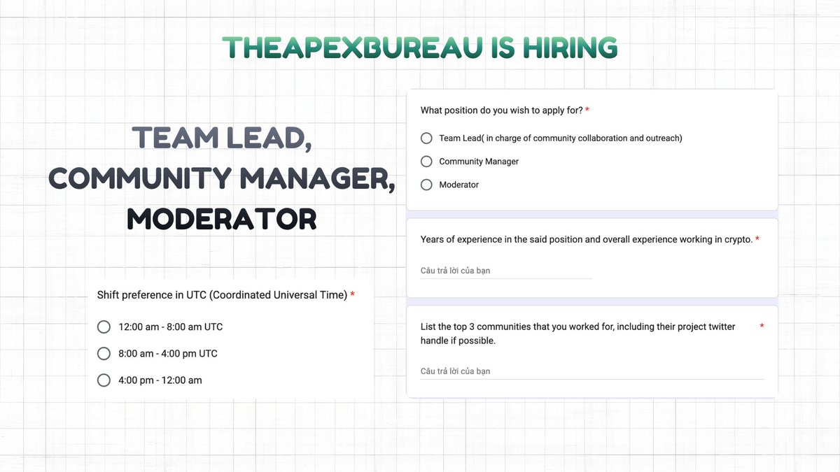 quang250802's tweet photo. The Apex Bureau is hiring:

- Team Lead
- Community Manager
- Moderator

if you have:

> strong communication skills

> Discord &amp; Telegram moderation experience

> can commit to 8-hour shifts

just apply: https://t.co/2XN3lfwyMW

good luck, fam ☺️☺️ https://t.co/J3n8QBlOIo