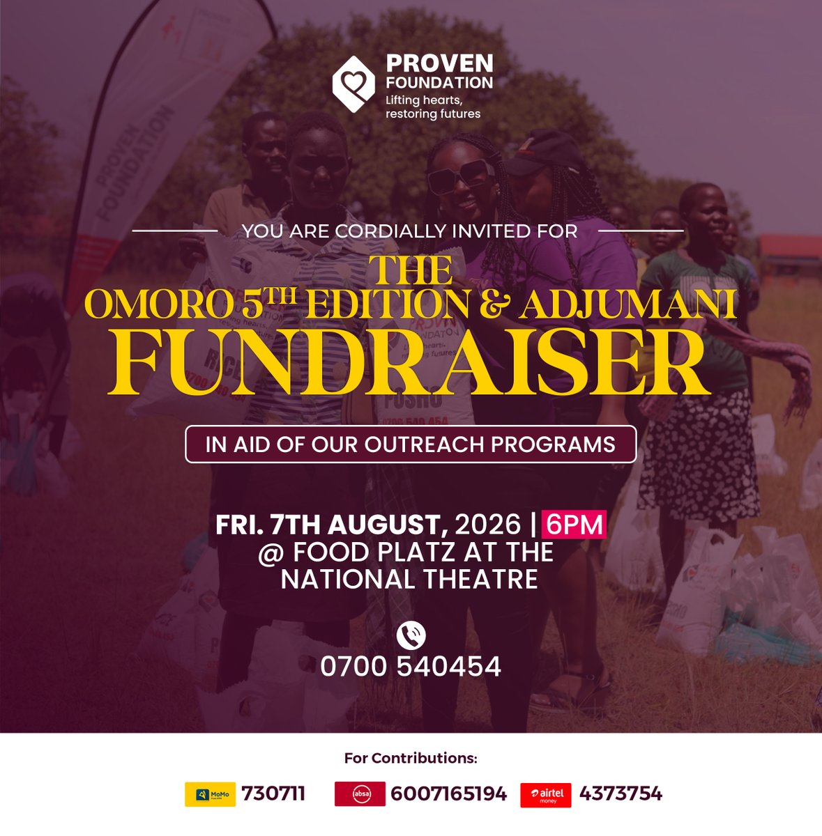 ProvenUganda's tweet photo. 28 days left to the Omoro 5th Ed & Adjumani Fundraiser! β³Every contribution fuels our outreach programs & brings hope. Join us:π
7th Aug 2026 | 6PMπ Food Platz, National Theatre UgandaYour support changes lives! β¨#ProvenFoundation #Fundraiser #Omoro #Adjumani https://t.co/QYQEGRyw1A