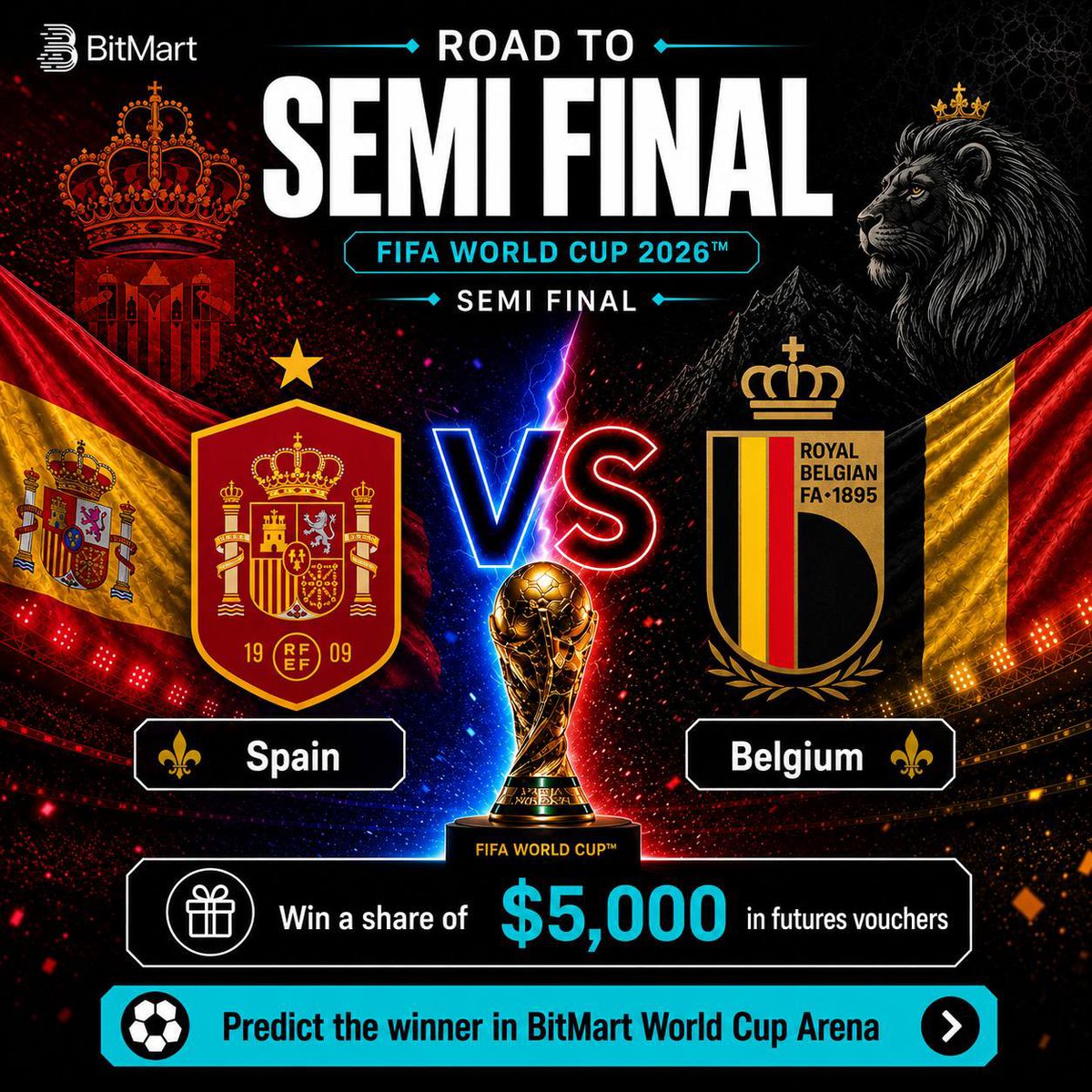 BitMart_SA's tweet photo. The Knockout Clash is here 🇪🇸⚔️🇧🇪

A place in the FIFA World Cup 2026 Semi Final is on the line. Only one nation will keep the dream alive. 🔥

Predict the winner on the BitMart Prediction Market for a chance to share 5,000 USDT in Futures Vouchers! 💰

How to participate:
✅ Follow @BitMart_SA
❤️ Like & Repost this post
⚽ Make your prediction: https://t.co/l6IuZK30M9

⏳ Predictions close at kickoff. Lock in your pick before the whistle!