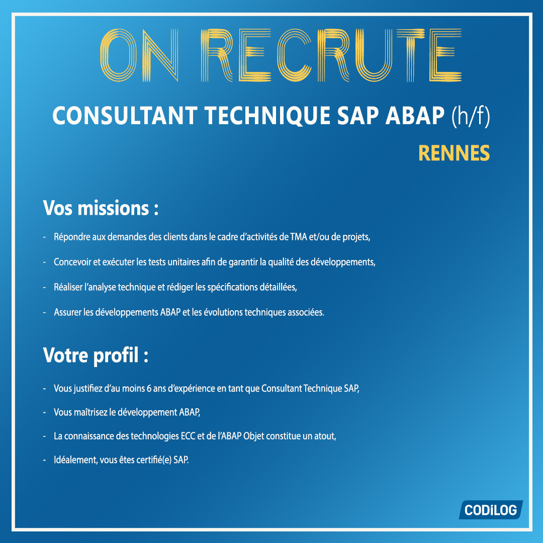 CODiLOG's tweet photo. Chez CODiLOG, nous recrutons actuellement :
📍Consultant technique SAP ABAP (h/f) – Rennes : https://t.co/PU9STVXe5E
Rejoignez-nous ! #recrutement #JobIT #SAP #SAPHiring #rh #consultantSAPABAP #rennes https://t.co/aJiUFfUvub