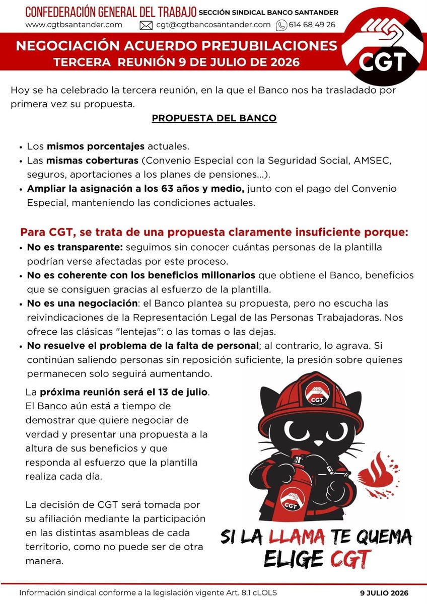 cgtbsan's tweet photo. 📢 Tercera reunión sobre el acuerdo de prejubilaciones en Banco Santander.
La propuesta del banco sigue sin mejoras económicas. Desde CGT hemos reiterado que esta negociación solo tiene sentido si mejora las condiciones actuales y ofrece garantías reales para la plantilla. https://t.co/ByvhGHYoHU