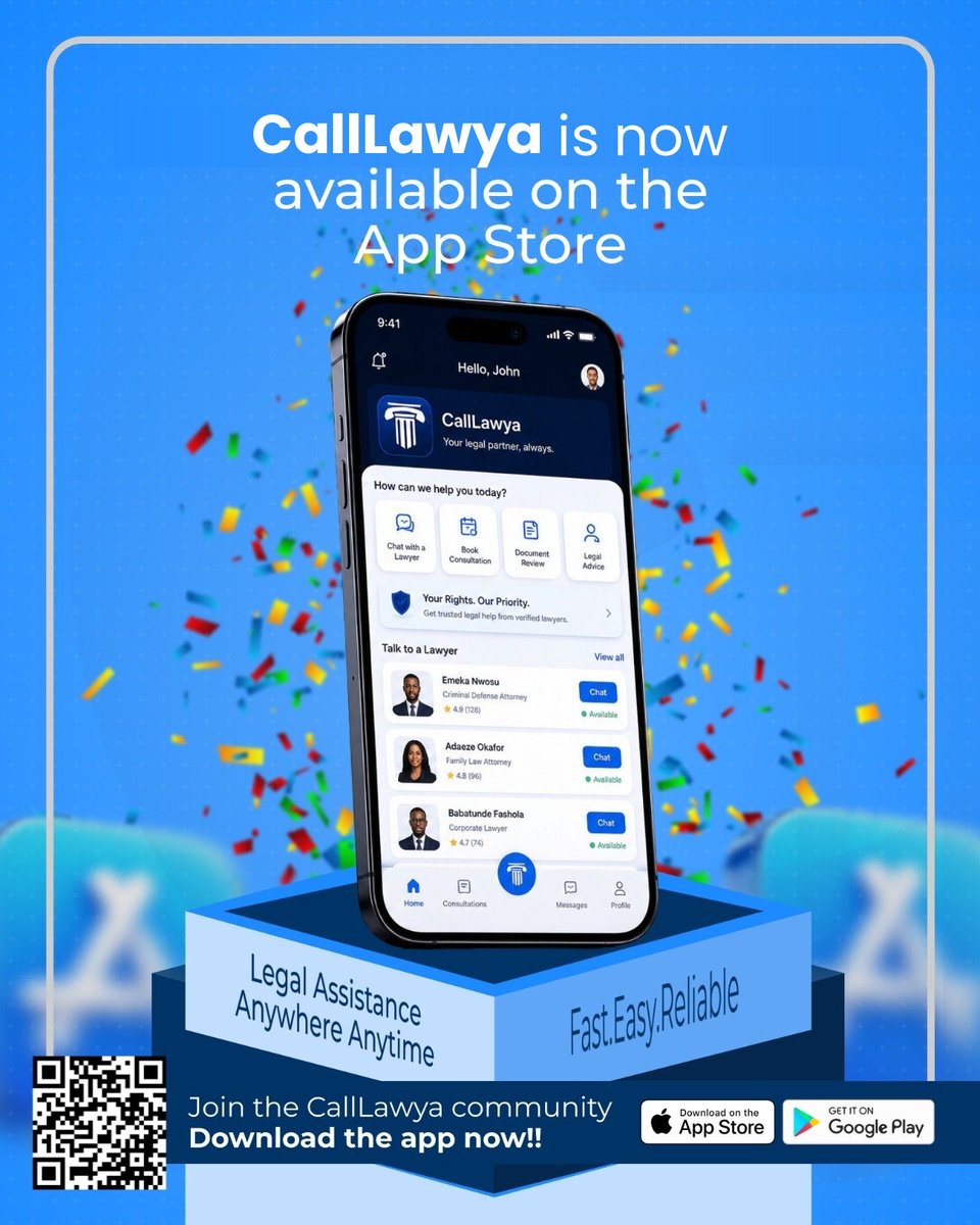 CallLawya_app's tweet photo. 🚀 Big news!
CallLawya is now available on BOTH the Apple App Store 🍎 and Google Play Store 🤖!
Need legal advice or want to connect with a verified lawyer?
Legal Assistance. Anywhere. Anytime.
Download CallLawya today.
#CallLawya #NowOniOS #LegalTech #Nigeria #Startup https://t.co/I92v4nnevt