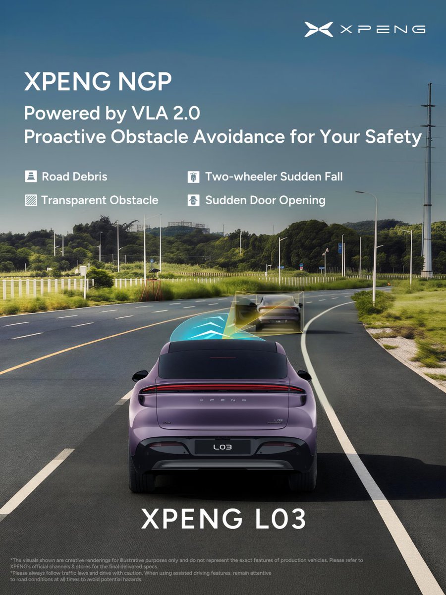 XPENG_Global's tweet photo. Continuous avoidance. Effortless driving with XPENG L03.
From static obstacles to sudden door openings, 
XPENG NGP, powered by VLA 2.0, anticipates every threat.
$XPEV https://t.co/7LUro8hVfG