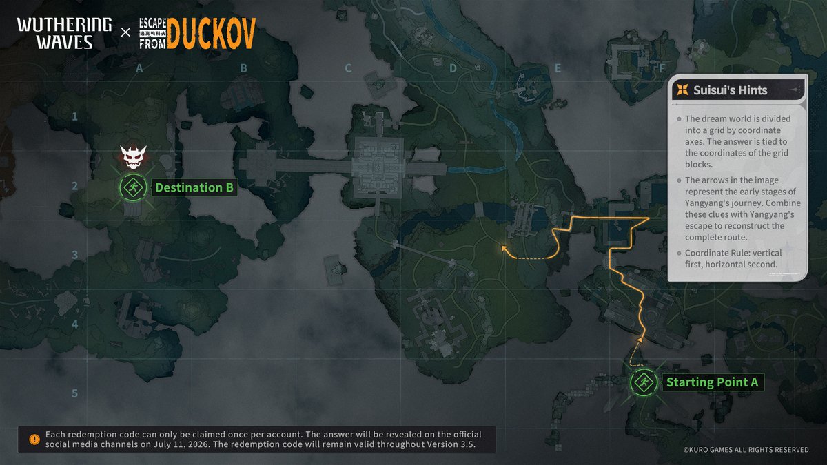 Wuthering_Waves's tweet photo. Wuthering Waves × Escape from Duckov — Yangyang's Dream Escape
The new Expedition Motorbike Livery "Escape from Duckov" has arrived! Inspired by Yangyang's daring escape, crack the 10-digit redemption code and redeem your "Escape from Duckov" Expedition Motorbike Livery in-game.

Yangyang awoke in a strange tactical zone, surrounded by failed Resonance Beacons and lurking Tacet Discords. An urgent evacuation order flashed before her: she must leave the Gate of Xuanfang and conquer Myriad Snare: Rustfire Chassis to break free from the dream.
She set off, gathering supplies at Shaftpost Yard, then trekked through the unknown, finally resting at a Resonance Beacon near Preening Pool. At dawn, Yangyang pressed on to the Nexus Tower by Hundred-Span Corridor, channeling her Resonance Ability to draw in Remnant Energy and build her strength.
At last, she faced Myriad Snare: Rustfire Chassis, her long sword finding its mark in a fierce showdown. With victory won and obstacles cleared, Yangyang's senses faded, and she awoke in Solaris, free at last.

Good luck, Rover!

#WutheringWaves #EscapeFromDuckov
