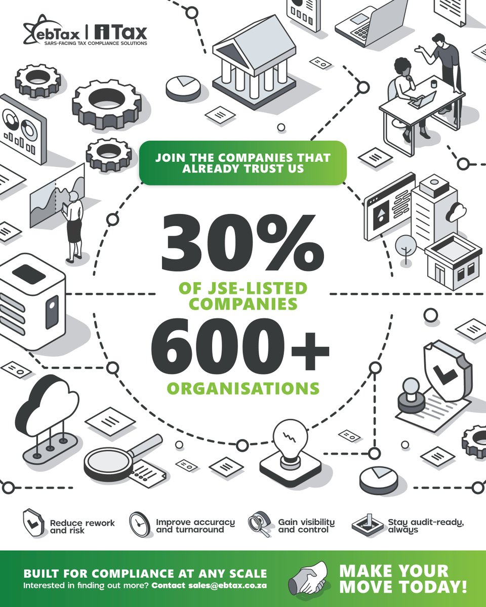 itax_official's tweet photo. 30% of JSE-listed companies and 600+ organisations already use us. ebTax &amp; iTax. Built for compliance at any scale.

Contact sales@ebtax.co.za

#TaxCompliance #SARS #WorkflowAutomation #OperationalEfficiency #ComplianceSystems https://t.co/tZidaBFlMA