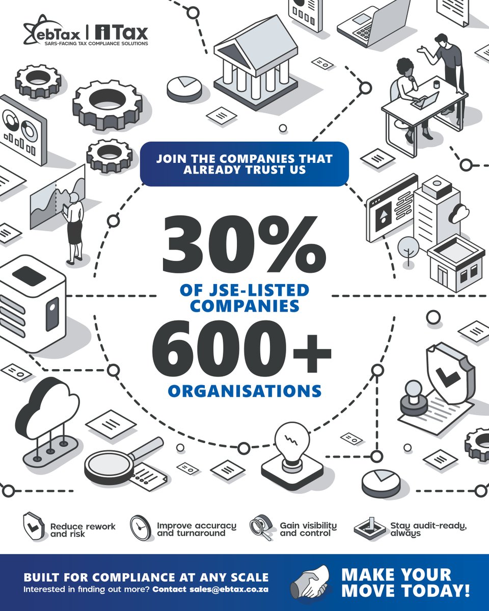 ebtax_official's tweet photo. 30% of JSE-listed companies and 600+ organisations already use us. ebTax &amp; iTax. Built for compliance at any scale.

Contact sales@ebtax.co.za

#TaxCompliance #SARS #WorkflowAutomation #OperationalEfficiency #ComplianceSystems https://t.co/Kp0HISlIsy