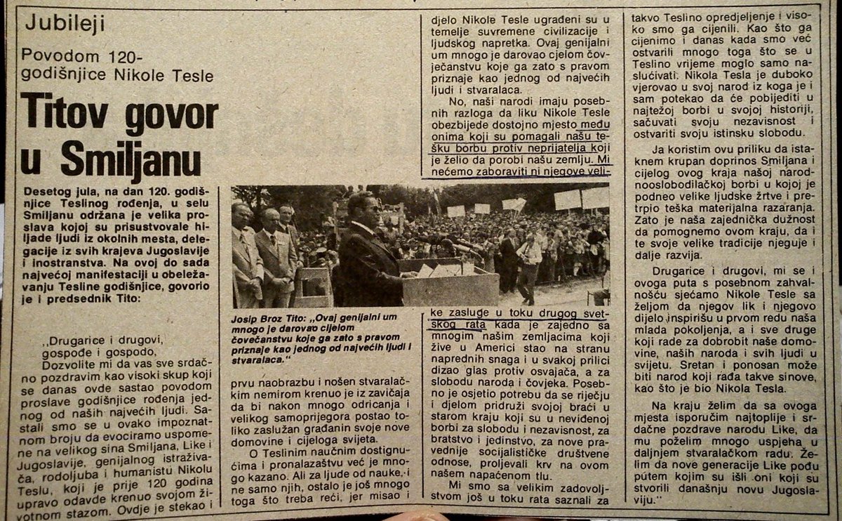backfin002's tweet photo. Tesla je podrzavao Tita i  partizane. 
Znao je vrlo dobro da se jedino partizani bore za Jugoslaviju, a Tesla je bio Jugosloven.
Ovako se obelezava secanje na Teslu. https://t.co/bX692aE2Va