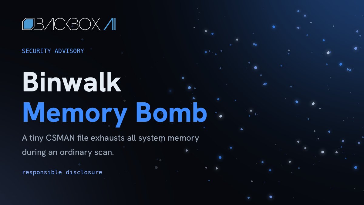 backbox_labs's tweet photo. New security advisory: BackBox AI found a memory exhaustion DoS in Binwalk's CSMAN parser. A crafted file could trigger unbounded decompression during a normal scan. The issue was responsibly disclosed and fixed upstream.

https://t.co/Ab6le5Dgq9 https://t.co/o8d8oXSUHw