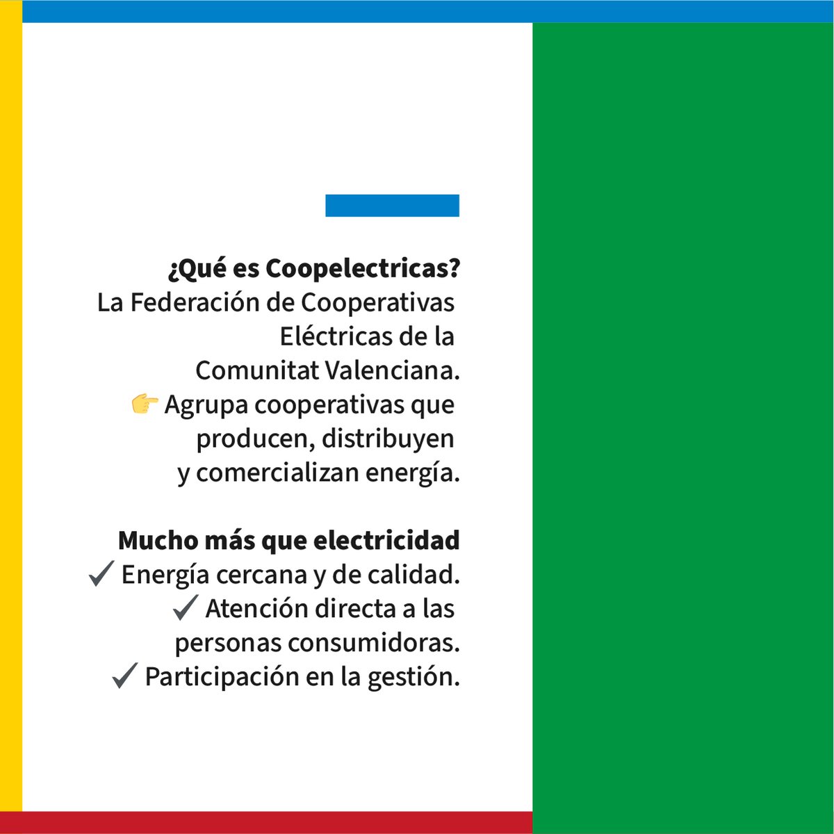 Hispacoop's tweet photo. La energía también puede ser cooperativa.
La Federación de Cooperativas Eléctricas de la
Comunitat Valenciana (Coopelectricas), socio de Hispacoop,
es un buen ejemplo de cómo el modelo cooperativo también
está presente en un sector clave como el energético.

Su labor va más allá del suministro de electricidad 👇
👉 Agrupa a cooperativas que generan, distribuyen
y comercializan energía
 👉 Promueve el uso de energías renovables
 👉 Ofrece un servicio cercano y adaptado a las personas
consumidoras
 👉 Reinvierte sus beneficios en fines sociales y en el entorno
Las cooperativas eléctricas permiten a las personas no
solo consumir energía, sino formar parte activa del modelo
energético, participando en su gestión y desarrollo.

Además, destacan por su compromiso con el territorio:
 ✔️ Fomentan el empleo local
 ✔️ Impulsan comunidades energéticas
 ✔️ Refuerzan un modelo más sostenible y participativo

En un contexto de transición energética, este tipo de
iniciativas muestran que otra forma de producir y
consumir energía es posible: más cercana,
más transparente y centrada en las personas.
👉 ¿Conocías el papel de las cooperativas en el sector
energético?
#Cooperativismo #Energia #ConsumoResponsable
#Hispacoop #EconomiaSocial