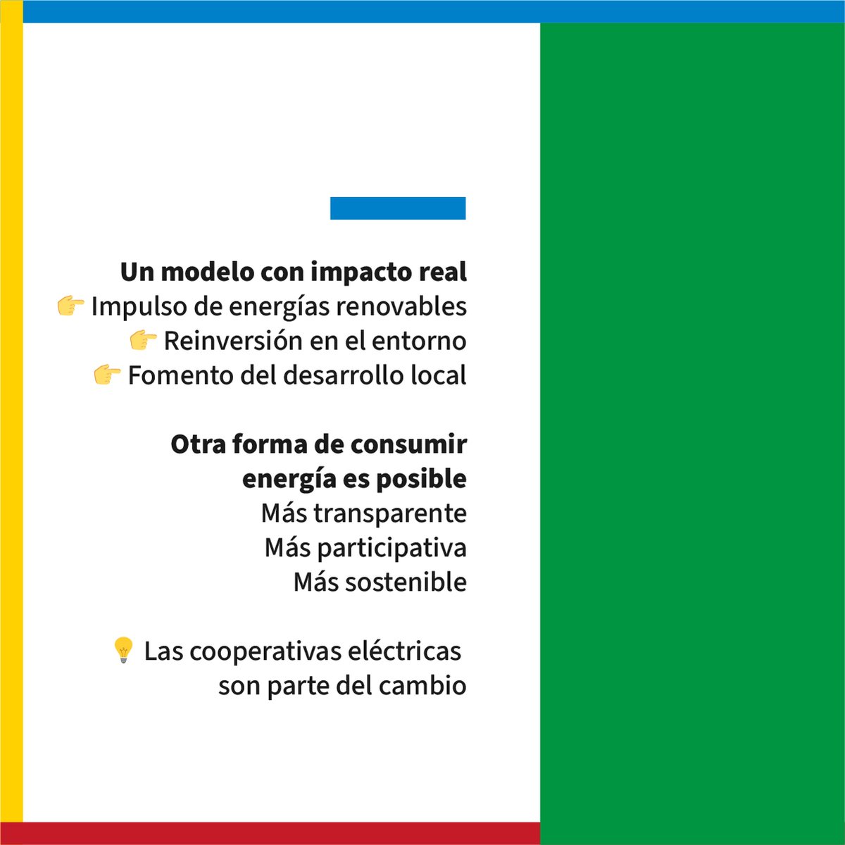 Hispacoop's tweet photo. La energía también puede ser cooperativa.
La Federación de Cooperativas Eléctricas de la
Comunitat Valenciana (Coopelectricas), socio de Hispacoop,
es un buen ejemplo de cómo el modelo cooperativo también
está presente en un sector clave como el energético.

Su labor va más allá del suministro de electricidad 👇
👉 Agrupa a cooperativas que generan, distribuyen
y comercializan energía
 👉 Promueve el uso de energías renovables
 👉 Ofrece un servicio cercano y adaptado a las personas
consumidoras
 👉 Reinvierte sus beneficios en fines sociales y en el entorno
Las cooperativas eléctricas permiten a las personas no
solo consumir energía, sino formar parte activa del modelo
energético, participando en su gestión y desarrollo.

Además, destacan por su compromiso con el territorio:
 ✔️ Fomentan el empleo local
 ✔️ Impulsan comunidades energéticas
 ✔️ Refuerzan un modelo más sostenible y participativo

En un contexto de transición energética, este tipo de
iniciativas muestran que otra forma de producir y
consumir energía es posible: más cercana,
más transparente y centrada en las personas.
👉 ¿Conocías el papel de las cooperativas en el sector
energético?
#Cooperativismo #Energia #ConsumoResponsable
#Hispacoop #EconomiaSocial