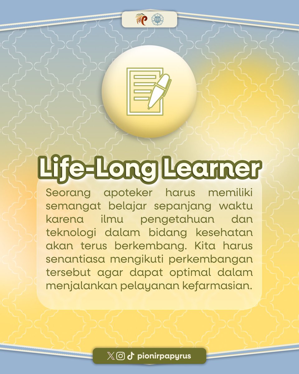PionirPapyrus's tweet photo. 🌟 10 STARS OF PHARMACIST 🌟

Halo, Sobat Papy! 👋✨

Tahukah kamu bahwa seorang apoteker memiliki beragam peran penting dalam dunia kesehatan? https://t.co/fXpBWMVM30