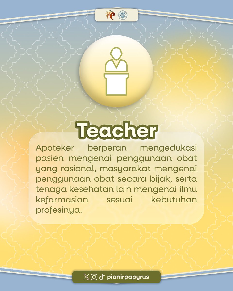 PionirPapyrus's tweet photo. 🌟 10 STARS OF PHARMACIST 🌟

Halo, Sobat Papy! 👋✨

Tahukah kamu bahwa seorang apoteker memiliki beragam peran penting dalam dunia kesehatan? https://t.co/fXpBWMVM30