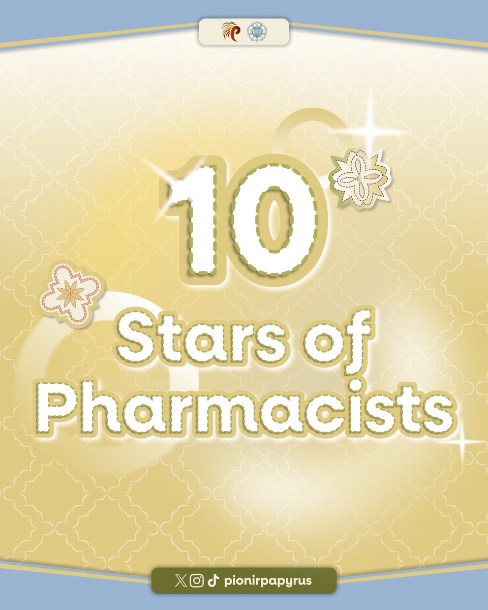 PionirPapyrus's tweet photo. 🌟 10 STARS OF PHARMACIST 🌟

Halo, Sobat Papy! 👋✨

Tahukah kamu bahwa seorang apoteker memiliki beragam peran penting dalam dunia kesehatan? https://t.co/fXpBWMVM30