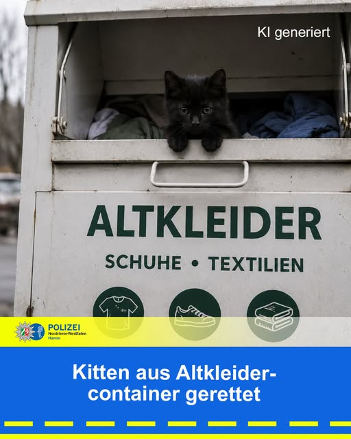 yolandaschultes's tweet photo. Hamm · Bockum-Hövel · Tannhäuserstraße · 59075
Kitten im Altkleidercontainer entsorgt 
Der erschütternde Fund: Ein kleines Kitten befand sich lebend in drei verschlossenen Mülltüten.
Kopie Polizei NRW Hamm
Kitten aus Altkleidercontainer gerettet!
Am Mittwochabend wurde die Polizei Hamm zu einem Altkleidercontainer an der Tannhäuserstraße gerufen, nachdem ein Zeuge gegen 23 Uhr Katzengeräusche gemeldet hatte. Gemeinsam mit der Feuerwehr wurde der Container geöffnet. 
Der erschütternde Fund: Ein kleines Kitten befand sich lebend in drei verschlossenen Mülltüten. Glücklicherweise konnte das Tier rechtzeitig gerettet und anschließend in das Tierasyl gebracht werden, wo es nun versorgt und aufgepäppelt wird.
Die Polizei ermittelt wegen Verstoßes gegen das Tierschutzgesetz. Wer etwas beobachtet hat oder Angaben zur verantwortlichen Person machen kann, wird gebeten, sich bei der Polizei Hamm zu melden.
02381 916-0
Hinweise.hamm@polizei.nrw.de
Hinweis: Bei dem Foto handelt es sich um ein KI-generiertes Bild.