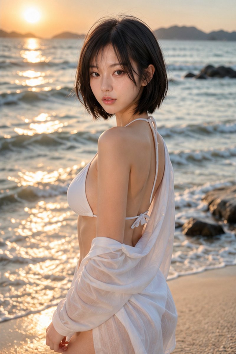 jiwooteasing's tweet photo. Golden hour always feels a little magical. 🌊✨

I'm glad I got to spend this sunset with you. 🤍

ChatGPT • Golden Hour Beach Portrait (prompt on below 👇)

Prompt:
A photorealistic beach lifestyle portrait of a young adult East Asian woman standing at the shoreline during golden hour sunset.

She has a natural youthful appearance, soft facial features, realistic skin texture, and a relaxed peaceful expression. Short black bob haircut with soft bangs, slightly tousled by the sea breeze.

She is wearing a simple white bikini with a lightweight sheer white linen shirt worn loosely over her shoulders. The outfit feels like a natural summer beach fashion look.

Pose: standing near the ocean waves, one hand gently touching her hair, the other arm relaxed across her body. Calm feminine posture, looking naturally toward the camera.

Environment: beautiful beach at sunset, glowing sunlight reflecting on the ocean, soft waves behind her, warm golden sky, peaceful summer atmosphere.

Photography style: realistic smartphone photography, iPhone 16 Pro main camera look, Apple Smart HDR, natural handheld framing, realistic skin texture, natural colors, medium smartphone depth of field, no heavy bokeh, no studio lighting.

Ultra-photorealistic, candid vacation photo, Korean/Japanese lifestyle aesthetic, natural beauty, high detail.

#AI #AIArt #AIGirl #AIHana #ChatGPT