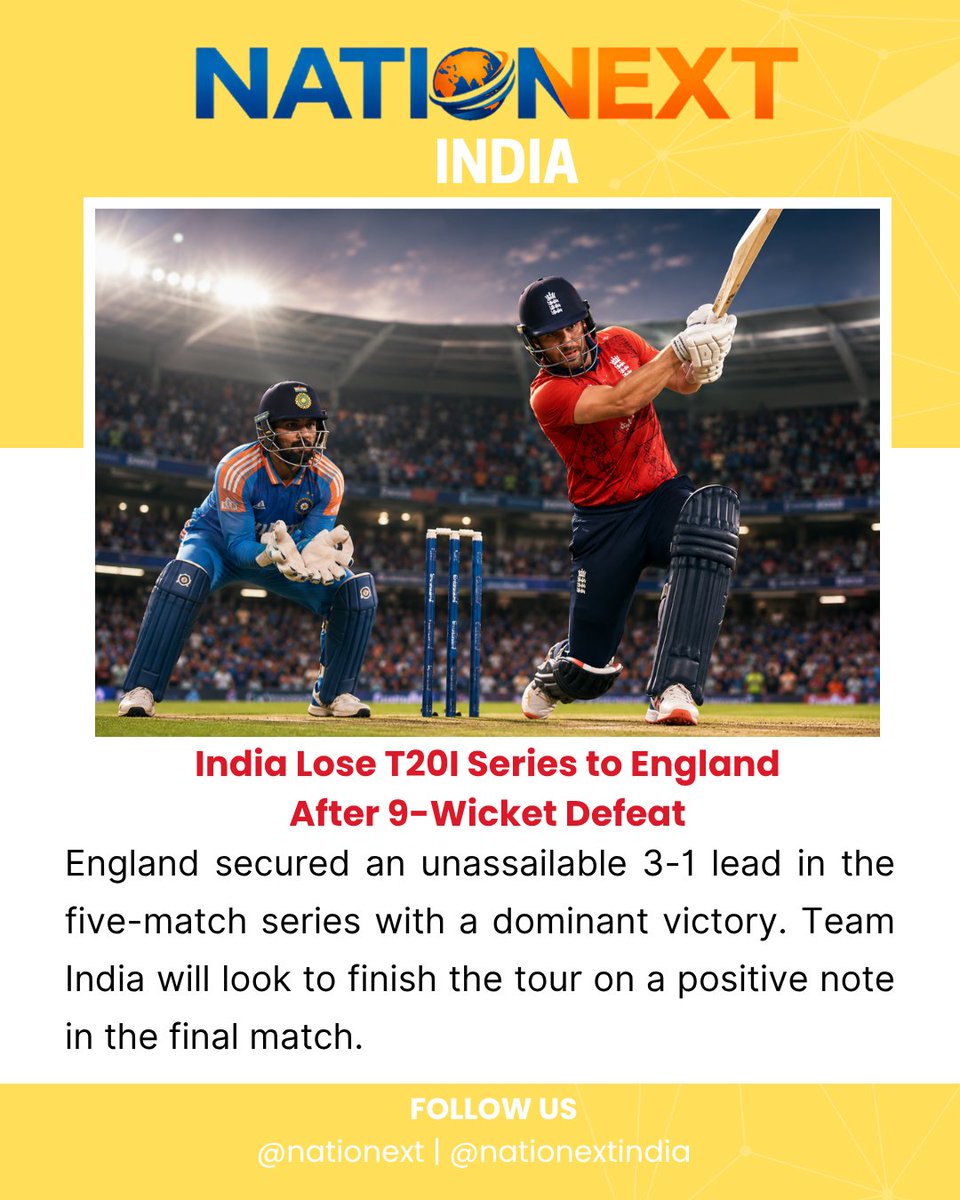 NationextIndia's tweet photo. 🏏 India Lose T20I Series to England After 9-Wicket Defeat

England secured an unassailable 3-1 lead in the five-match series with a dominant victory. Team India will look to finish the tour on a positive note in the final match.

#Cricket #cricketlovers #teamindia #nationext https://t.co/sQBdpNDweV