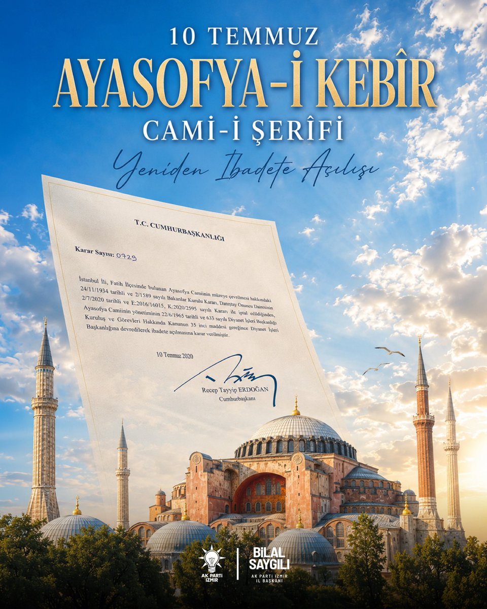Bilalsaygili's tweet photo. Rabbim, Ayasofya’dan yükselen ezanları kıyamete kadar daim eylesin. 

Bugün, milletimizin hafızasında silinmez bir iz bırakan büyük bir dönüm noktasının yıl dönümünü idrak ediyoruz.

Ayasofya’nın yeniden ibadete açılması; aynı zamanda milletimizin iradesinin, tarihine sahip çıkma kararlılığının ve medeniyet değerlerine bağlılığının güçlü bir nişanesidir.

Cumhurbaşkanımız Sayın @RTErdogan’ın liderliğinde alınan bu tarihi karar, aziz milletimizin asırlık hasretini sona erdirmiş, Ayasofya’yı yeniden ezanla, dua ile ve secdeyle buluşturmuştur.