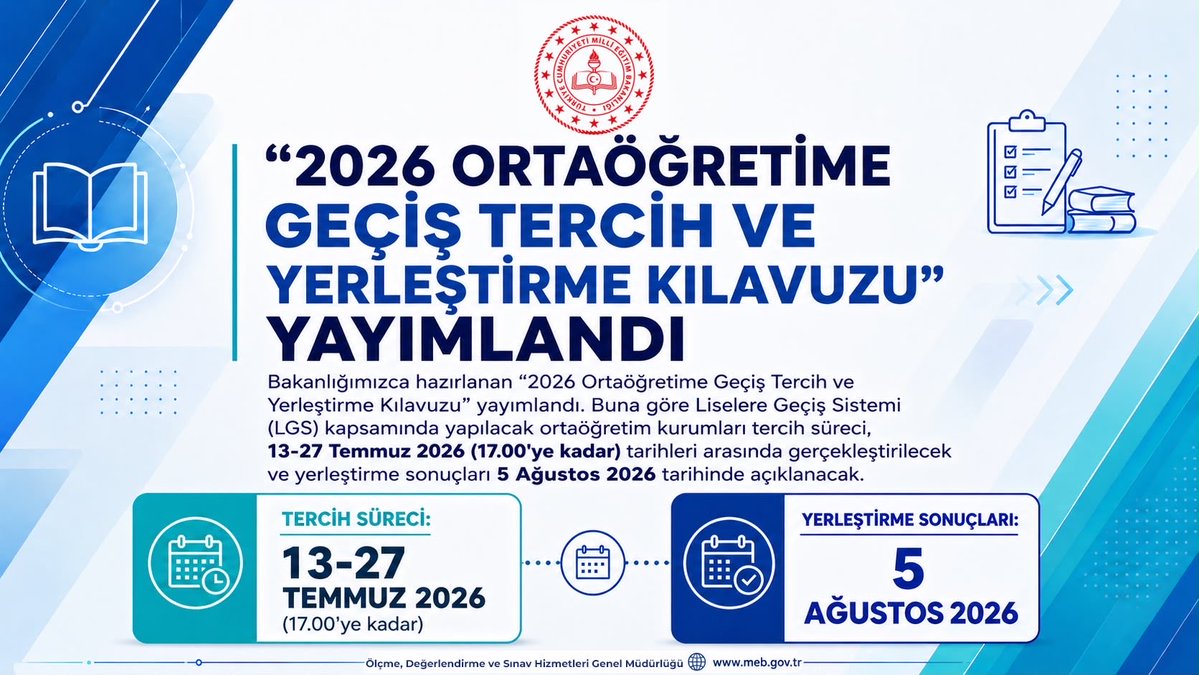 tcmeb's tweet photo. Sevgili Öğrencilerimiz,

✅ LGS tercih sürecinde doğru karar, doğru bilgiyle başlar. 

✍🏻Tercih ve yerleştirme sürecine ilişkin tüm detaylar, takvim ve önemli bilgiler, “2026 Ortaöğretime Geçiş Tercih ve Yerleştirme Kılavuzu”nda sizlere yön gösteriyor. 📚

Her birinize yol ve ufuk açıklığı dileriz… 🙏