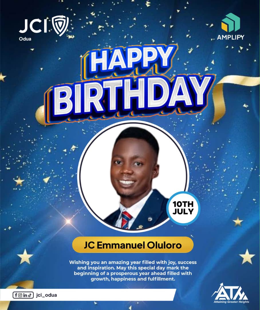 jciodua's tweet photo. HAPPY BIRTHDAY TO JC EMMANUEL OLULORO 🎊

Today we celebrate a leader, a visionary, and a proud member of JCI Odua. 

JC Emmanuel, your dedication, passion, and commitment to attaining greater heights continue to inspire us all. 

As you mark July 10th, we pray this new age https://t.co/ZGheeh1oCw