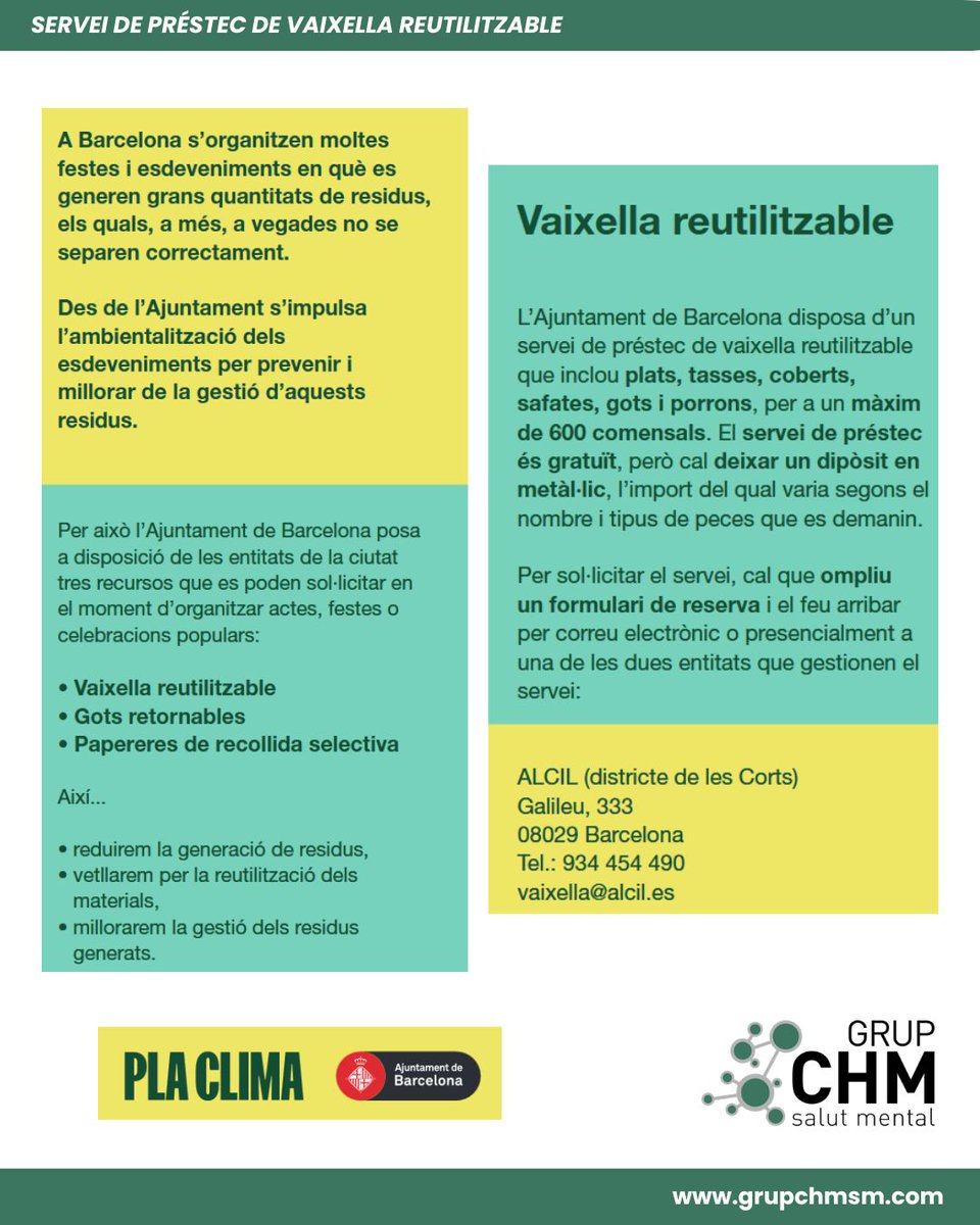 GrupCHMSM's tweet photo. ♻️Festes sostenibles amb el Servei de Préstec de vaixella d'ALCIL♻️

Amb el suport de @barcelona_cat i una de les mesures de govern de l’Ajuntament en l'impuls del Pla Clima.
🚀Un pas cap a la sostenibilitat en els esdeveniments

📲Més info: vaixella@alcil.es https://t.co/3B1NAH5IEr