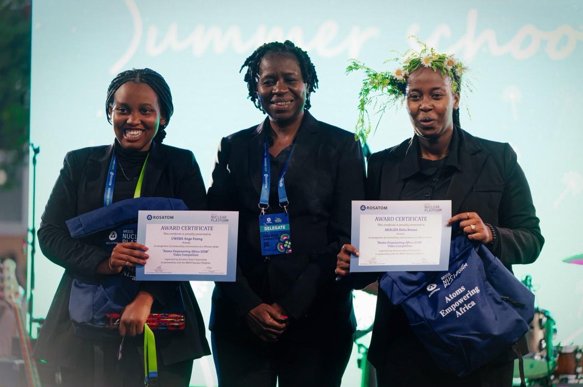 RAEB_Rwanda's tweet photo. .@Uni_Rwanda students Uwera Ange Fanny and Akaliza Kelia Raissa have been recognized among winners of the Atoms Empowering Africa Video Contest 2026, an international competition organized by @RosatomGlobal in partnership with BRICS Nuclear Platform, to promote youth engagement in nuclear science and technology across Africa.