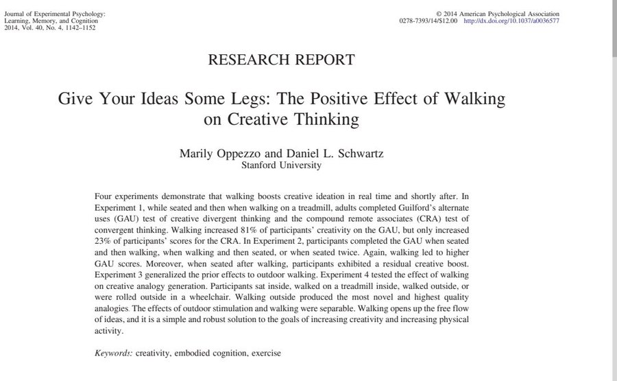virginiog's tweet photo. El movimiento, caminar, potencia tu creatividad  

Estudio de Stanford 176, sujetos, demostró que caminar (incluso en una cinta de correr) genera un 60% más de ideas creativas que estar sentado 

Muevete, para generar ideas, algo que muchos creativos utilizan https://t.co/EmSQQLQfin
