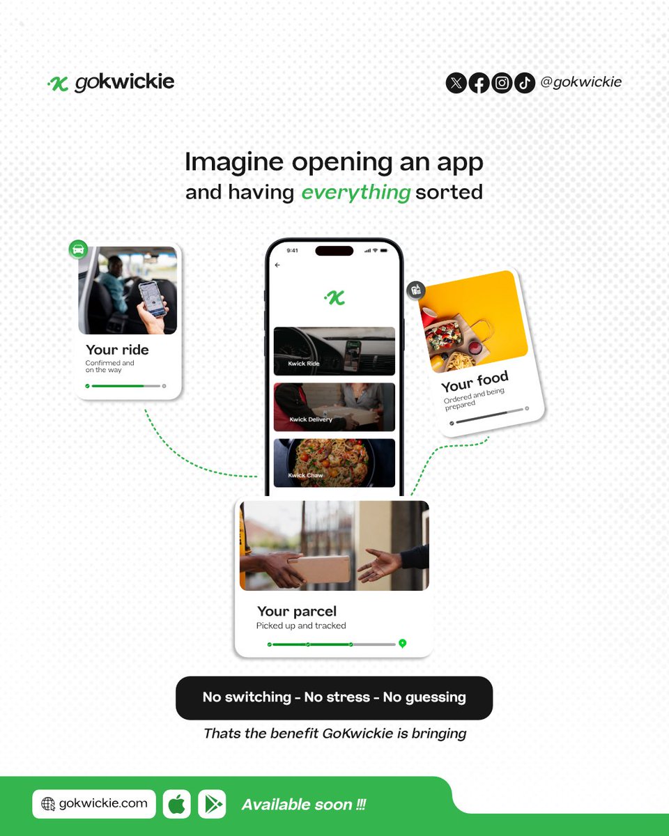 GoKwickie's tweet photo. Your ride. Your food. Your parcel.
no switching. no stress. no guessing.
GoKwickie is almost here. follow us 
#GoKwickie #ComingSoon

Morocco ||Mbappe ||Happy Friday Fam https://t.co/VvMinbNRXv