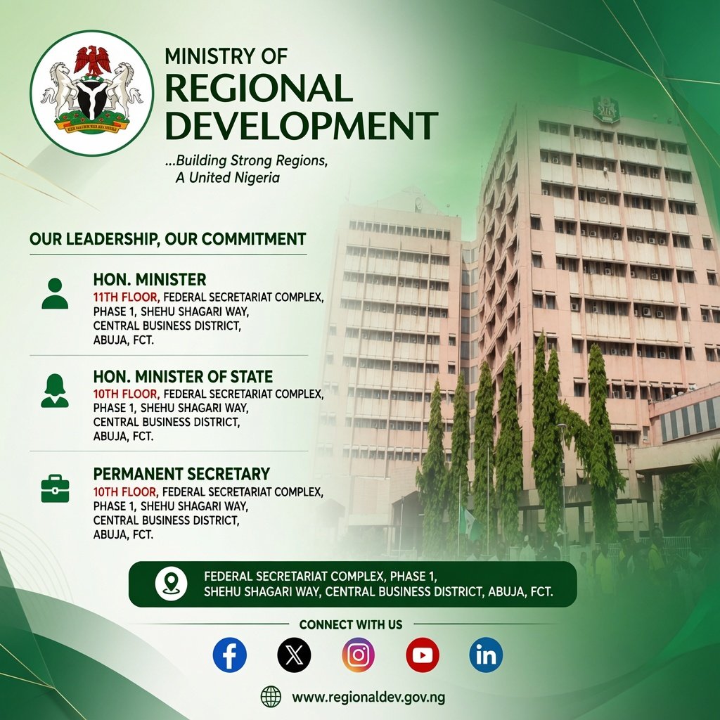 RegionalDevNG's tweet photo. The Ministry's leadership offices are located at the Federal Secretariat Complex, Phase I.

Stay connected by following our social media platforms for the latest updates, news, and information on the Ministry's programmes, activities, and initiatives.

#RegionalDevelopment
#MRD https://t.co/pMu6uRo9sr