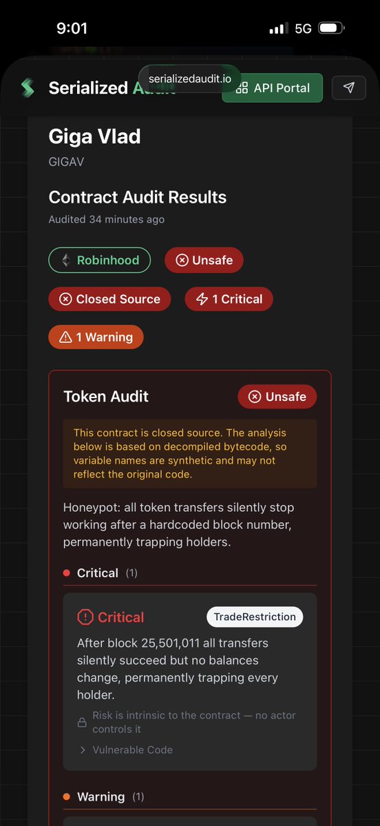 Cypherpunkgod1's tweet photo. Buying honey pots on Robinhood chain ?

Use @SerializedAudit to scan for scam CAs and honeypot 

First image is scan contract , when you buy a token you can’t sell and the deployer transfers all your tokens out 

You want to see the second image before you buy https://t.co/FkX9dA9A9y